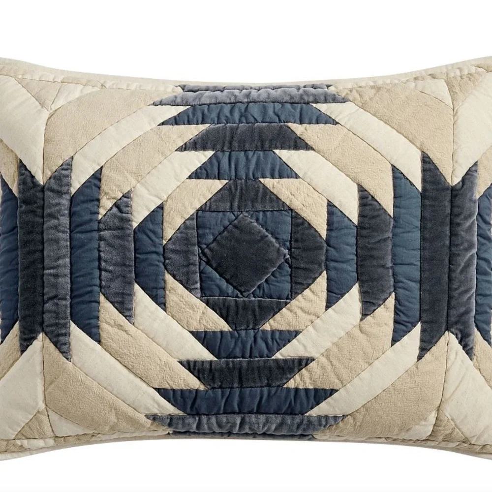 NWT Pottery Barn Aubrey Velvet Patchwork Quilted Shams - (2) Standard Blue Tan